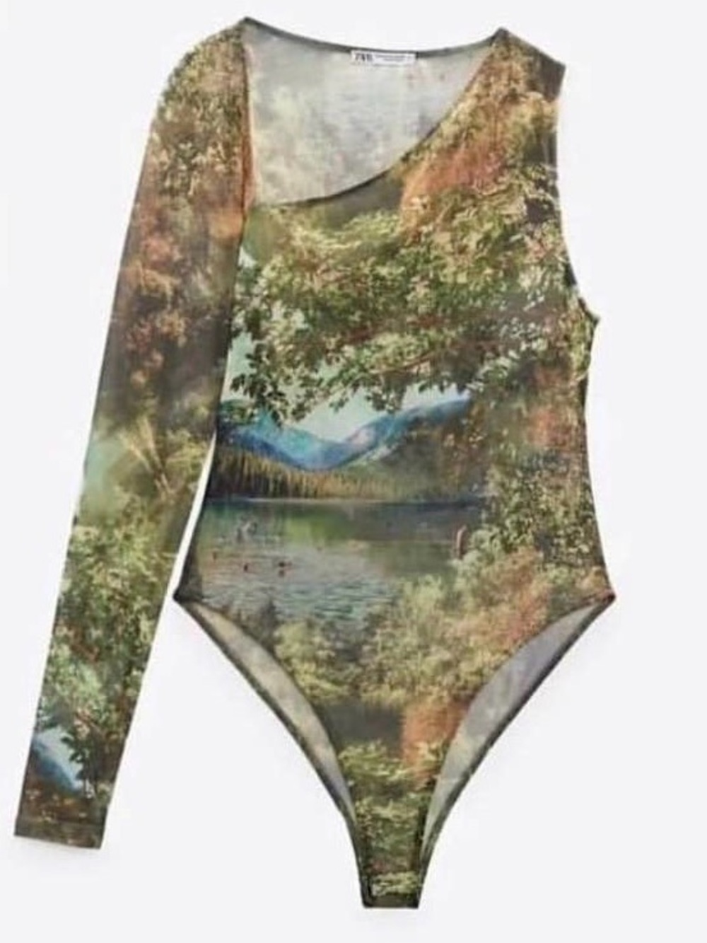 Zara Scenic Print One-Shoulder Bodysuit in Green and Brown size Large